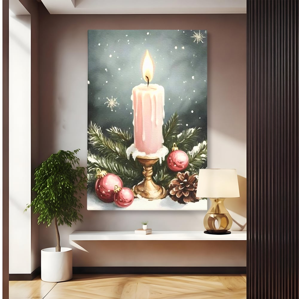 Tablou canvas cu tablou canvas cu lumanare roz si globuri, fara rama, pe sasiu de lemn